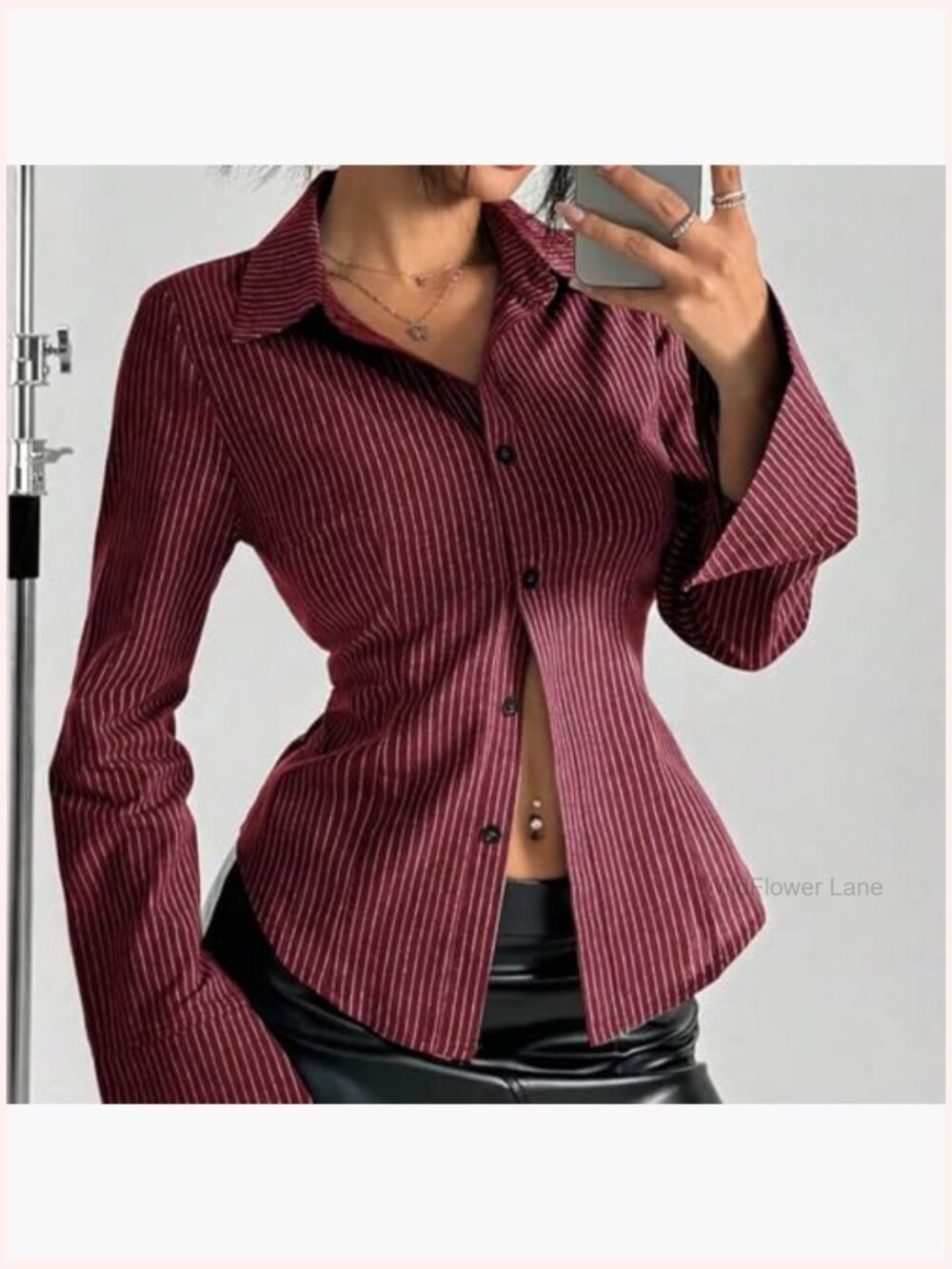 Striped Long Sleeve Button Down Shirt Fitted Collared Blouse Office Work Top - Picture 3 of 7